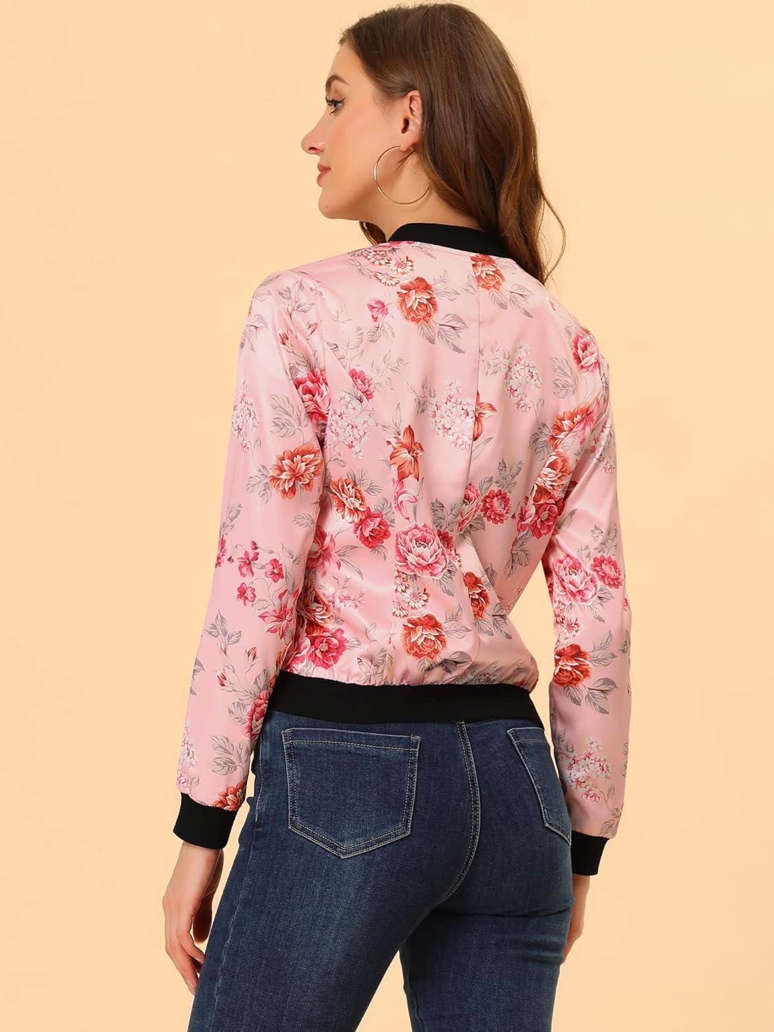 imageAllegra K Womens Bomber Jacket Satin Long Sleeve Zipper Floral Print Casual Fall Coat with Pocket Winter OutwearPink
