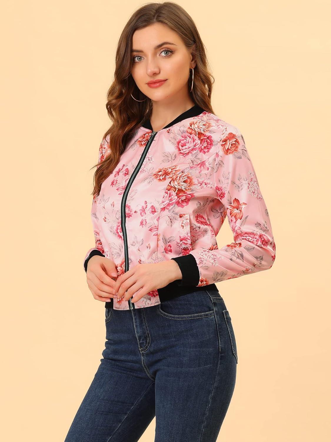 imageAllegra K Womens Bomber Jacket Satin Long Sleeve Zipper Floral Print Casual Fall Coat with Pocket Winter OutwearPink