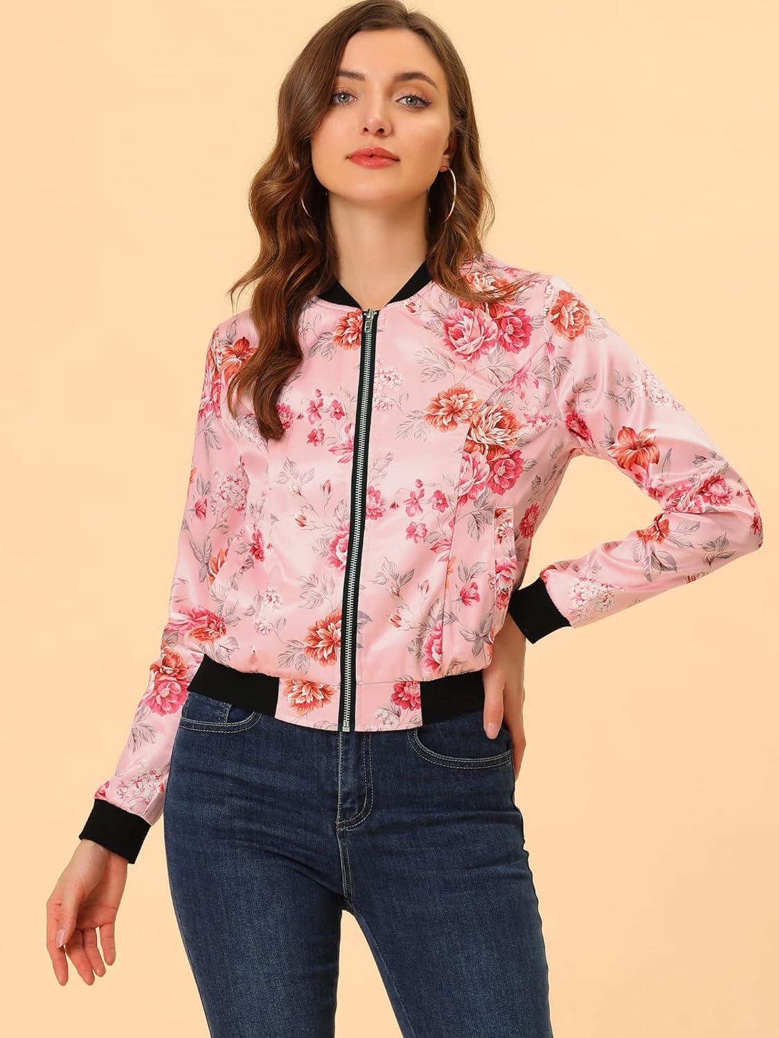 imageAllegra K Womens Bomber Jacket Satin Long Sleeve Zipper Floral Print Casual Fall Coat with Pocket Winter OutwearPink