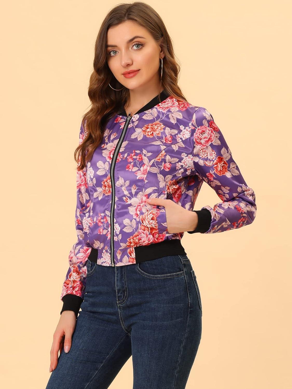 imageAllegra K Womens Bomber Jacket Satin Long Sleeve Zipper Floral Print Casual Fall Coat with Pocket Winter OutwearPurple
