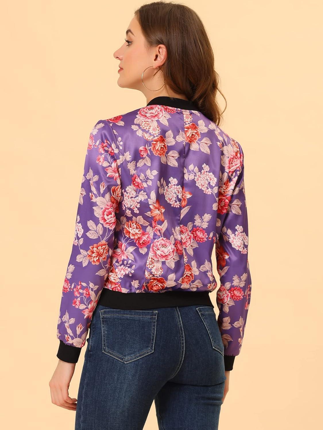 imageAllegra K Womens Bomber Jacket Satin Long Sleeve Zipper Floral Print Casual Fall Coat with Pocket Winter OutwearPurple