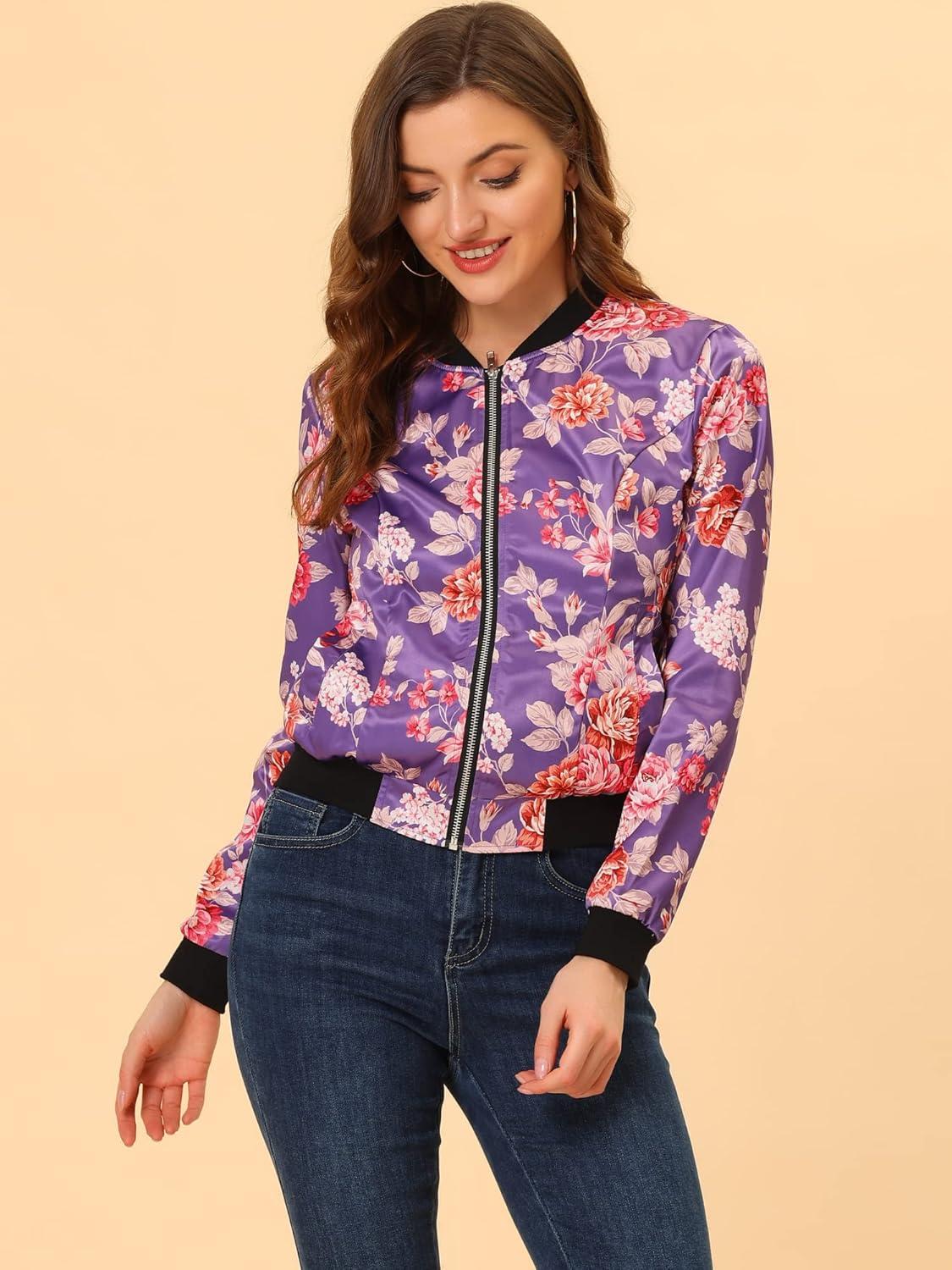 imageAllegra K Womens Bomber Jacket Satin Long Sleeve Zipper Floral Print Casual Fall Coat with Pocket Winter OutwearPurple