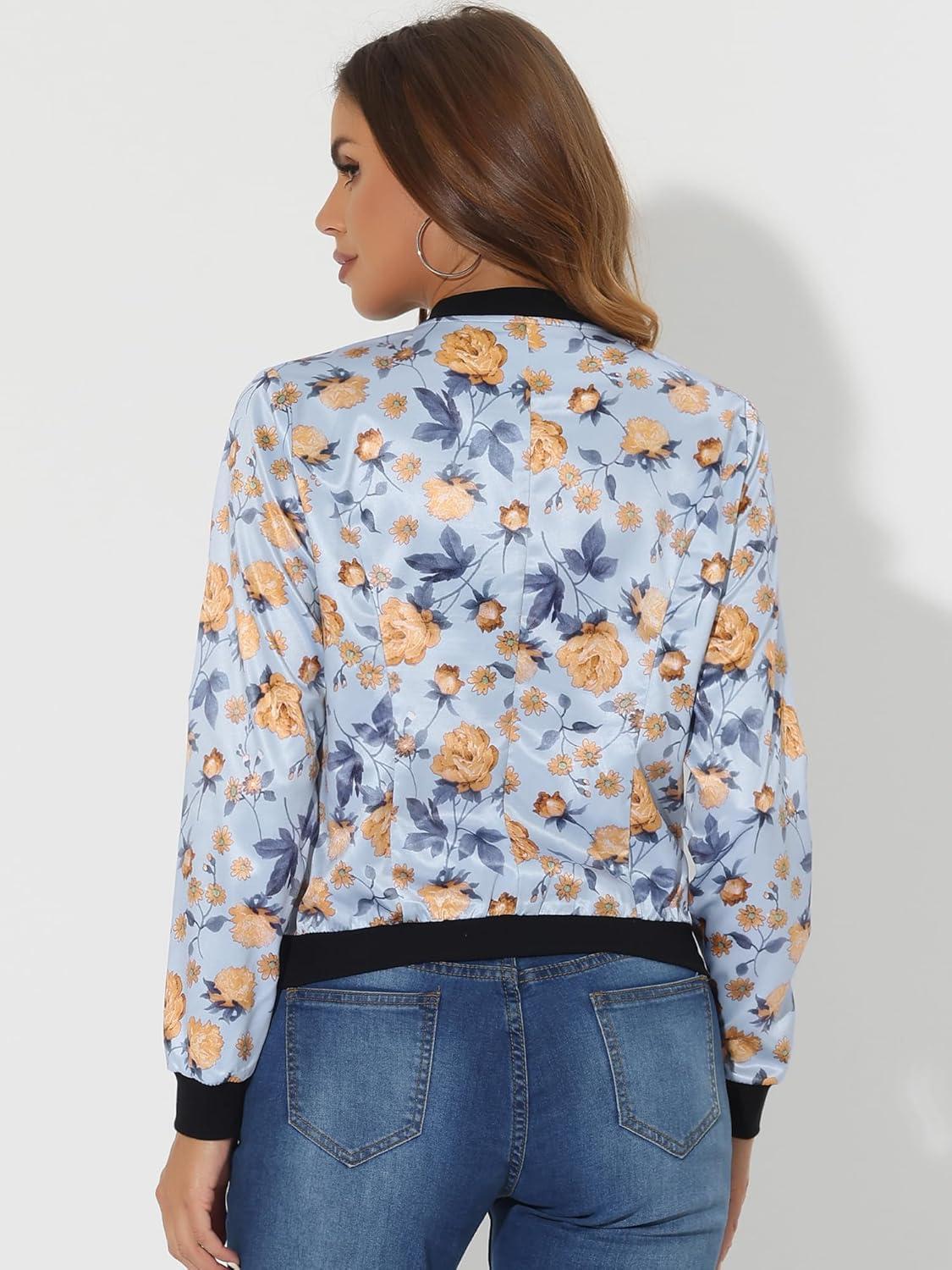 imageAllegra K Womens Bomber Jacket Satin Long Sleeve Zipper Floral Print Casual Fall Coat with Pocket Winter OutwearSky Blue