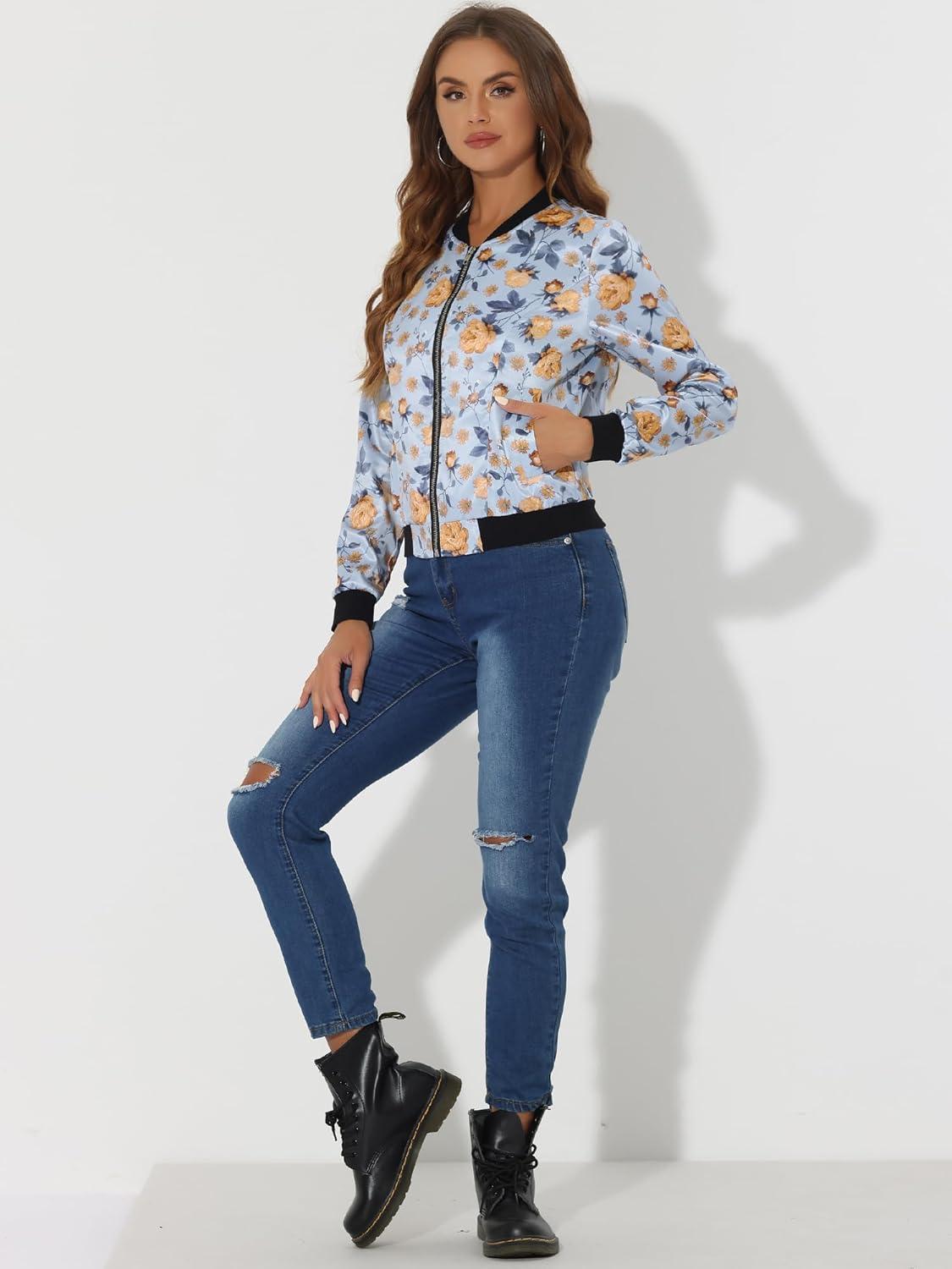 imageAllegra K Womens Bomber Jacket Satin Long Sleeve Zipper Floral Print Casual Fall Coat with Pocket Winter OutwearSky Blue