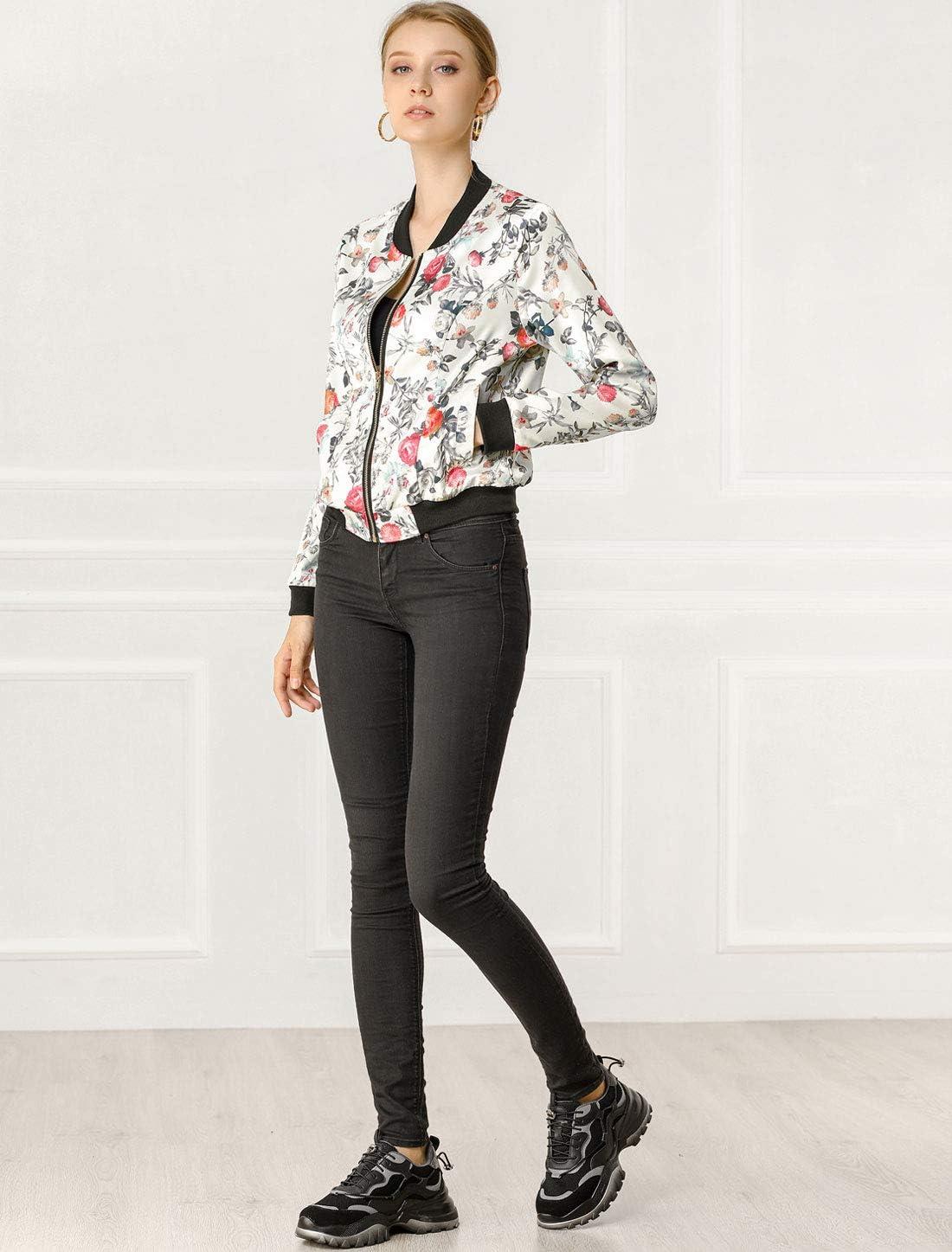 imageAllegra K Womens Bomber Jacket Satin Long Sleeve Zipper Floral Print Casual Fall Coat with Pocket Winter OutwearWhite