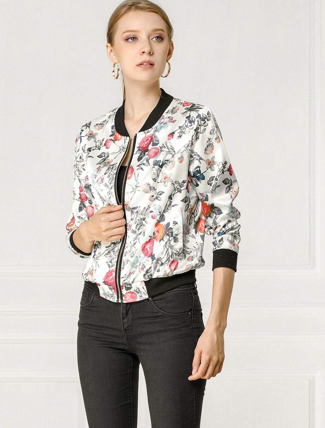 imageAllegra K Womens Bomber Jacket Satin Long Sleeve Zipper Floral Print Casual Fall Coat with Pocket Winter OutwearWhite