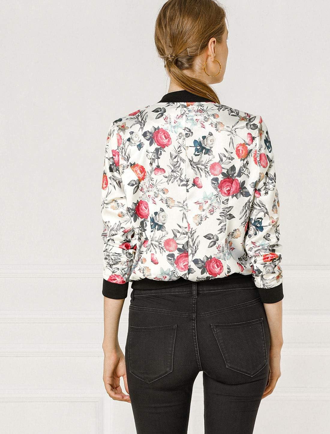 imageAllegra K Womens Bomber Jacket Satin Long Sleeve Zipper Floral Print Casual Fall Coat with Pocket Winter OutwearWhite