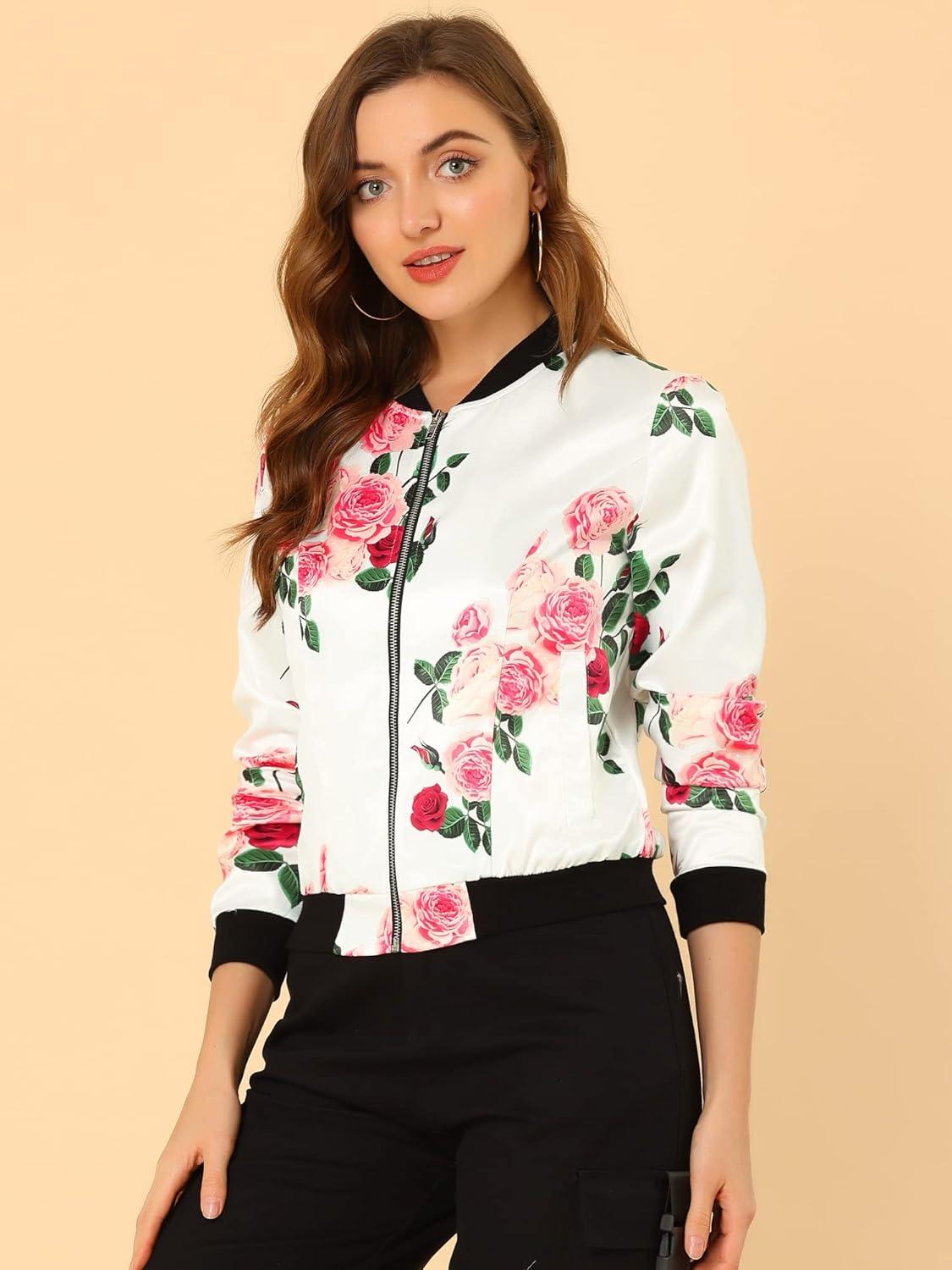 imageAllegra K Womens Bomber Jacket Satin Long Sleeve Zipper Floral Print Casual Fall Coat with Pocket Winter OutwearWhite Pink