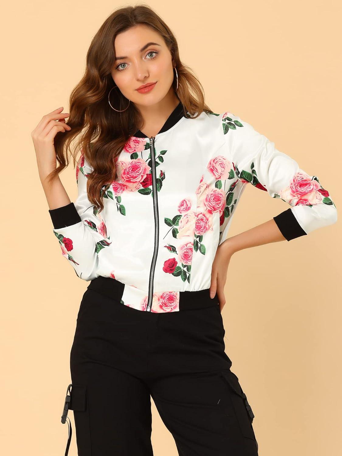 imageAllegra K Womens Bomber Jacket Satin Long Sleeve Zipper Floral Print Casual Fall Coat with Pocket Winter OutwearWhite Pink