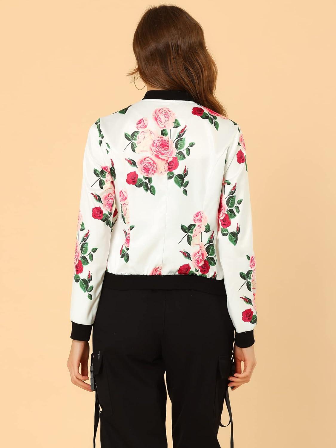 imageAllegra K Womens Bomber Jacket Satin Long Sleeve Zipper Floral Print Casual Fall Coat with Pocket Winter OutwearWhite Pink