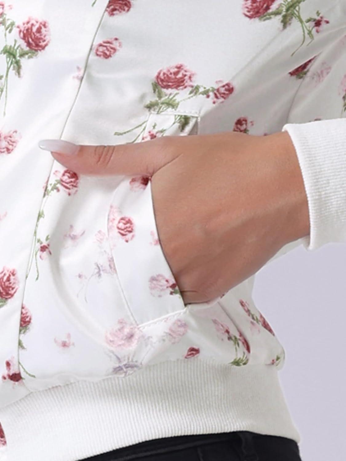 imageAllegra K Womens Bomber Jacket Satin Long Sleeve Zipper Floral Print Casual Fall Coat with Pocket Winter OutwearWhite Red