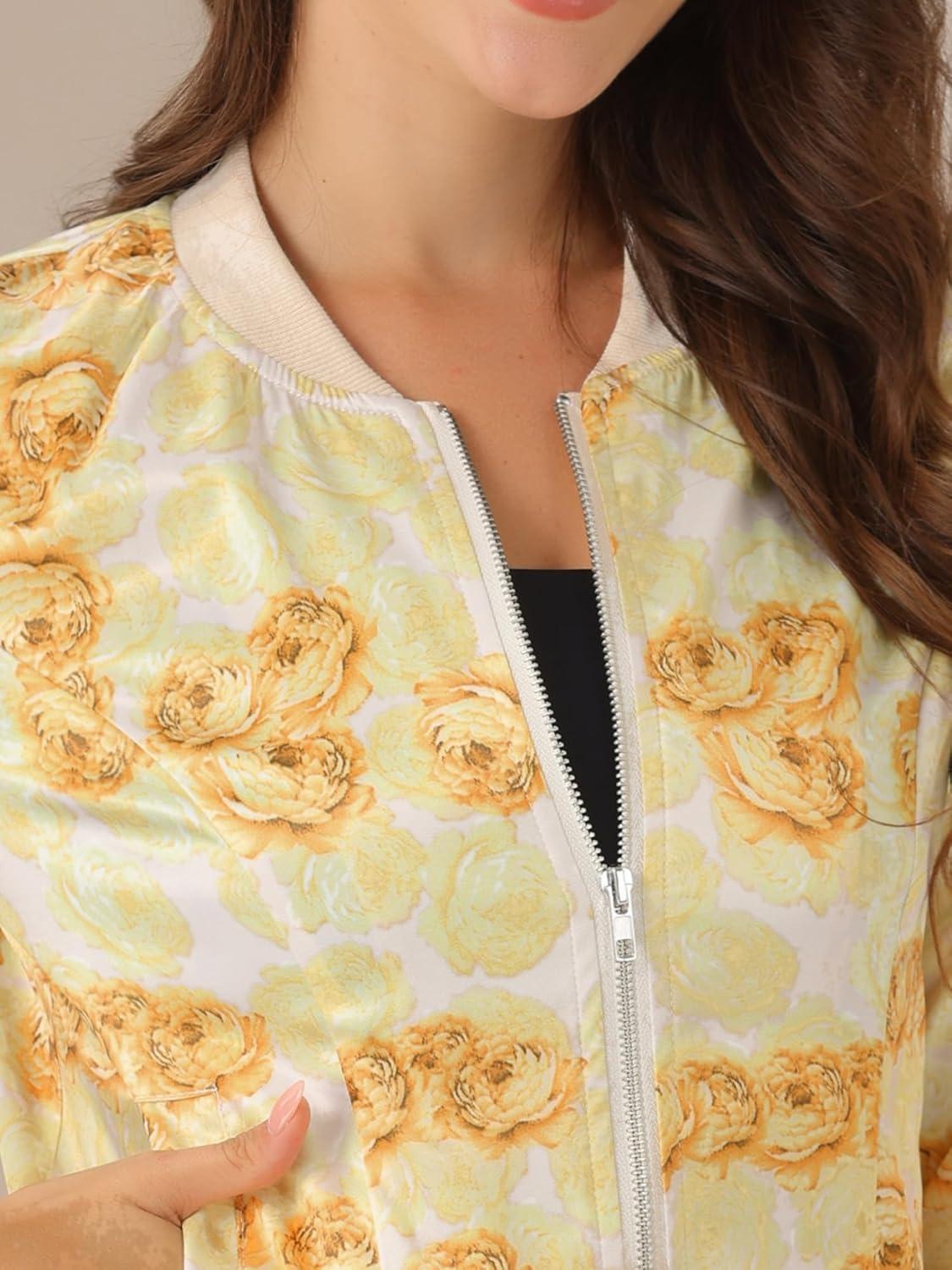 imageAllegra K Womens Bomber Jacket Satin Long Sleeve Zipper Floral Print Casual Fall Coat with Pocket Winter OutwearYellow