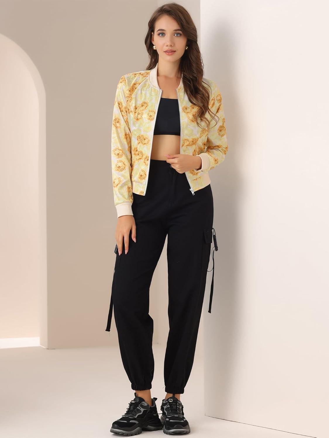 imageAllegra K Womens Bomber Jacket Satin Long Sleeve Zipper Floral Print Casual Fall Coat with Pocket Winter OutwearYellow