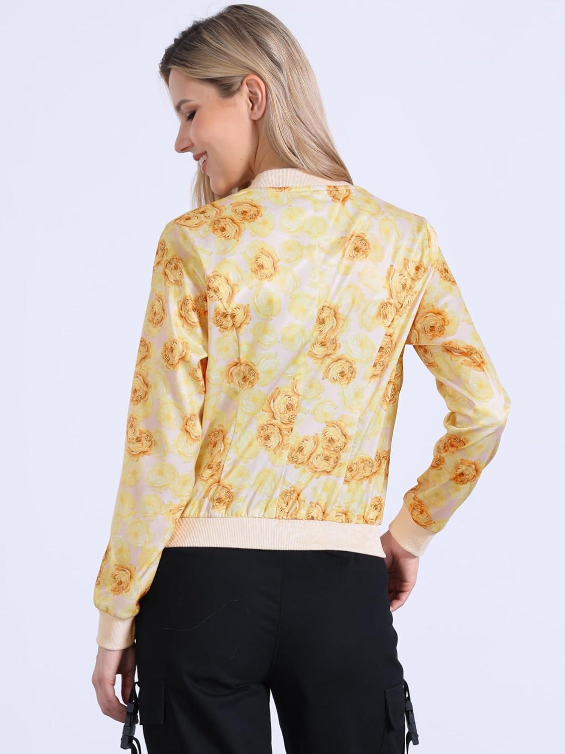 imageAllegra K Womens Bomber Jacket Satin Long Sleeve Zipper Floral Print Casual Fall Coat with Pocket Winter OutwearYellow