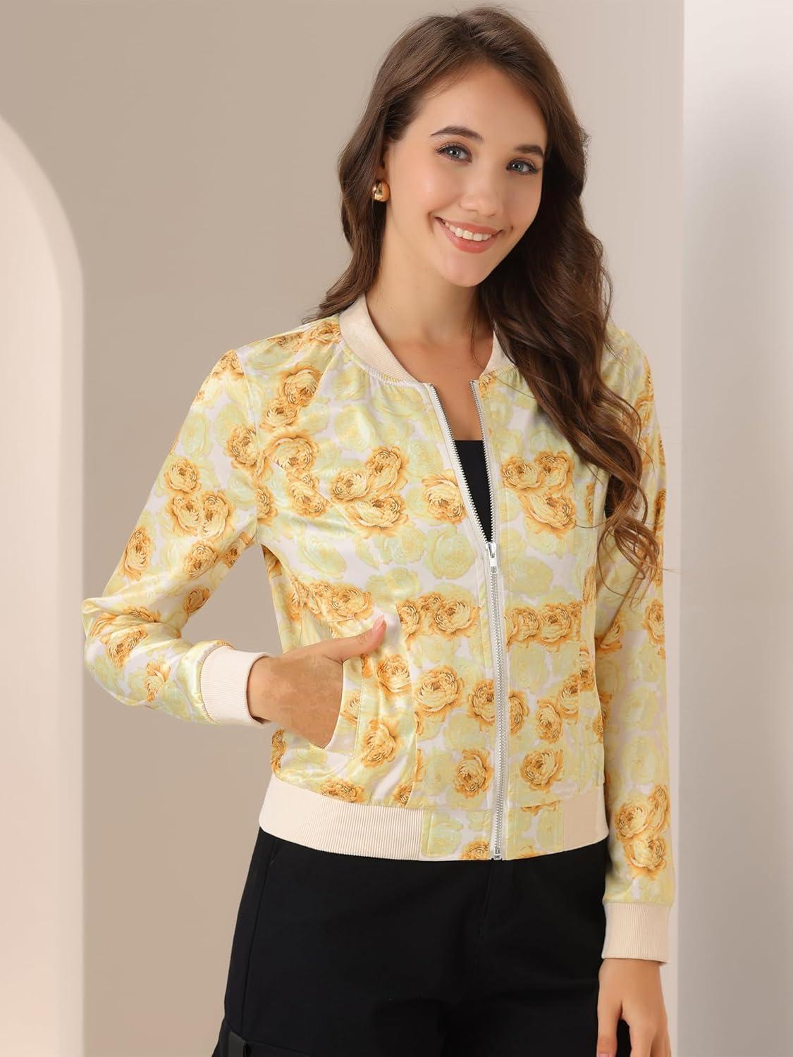 imageAllegra K Womens Bomber Jacket Satin Long Sleeve Zipper Floral Print Casual Fall Coat with Pocket Winter OutwearYellow