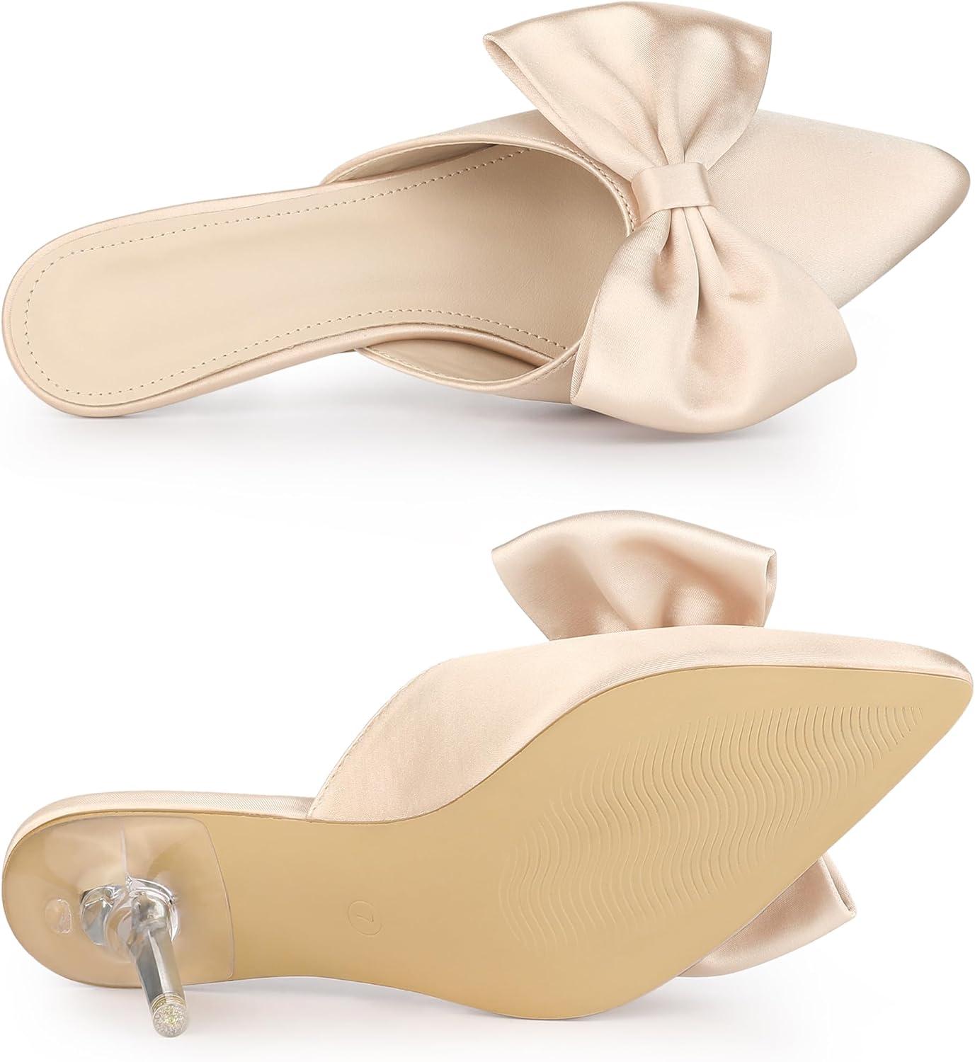 imageAllegra K Womens Bow Heels Satin Pointed Toe Stiletto Heels MulesChampagne