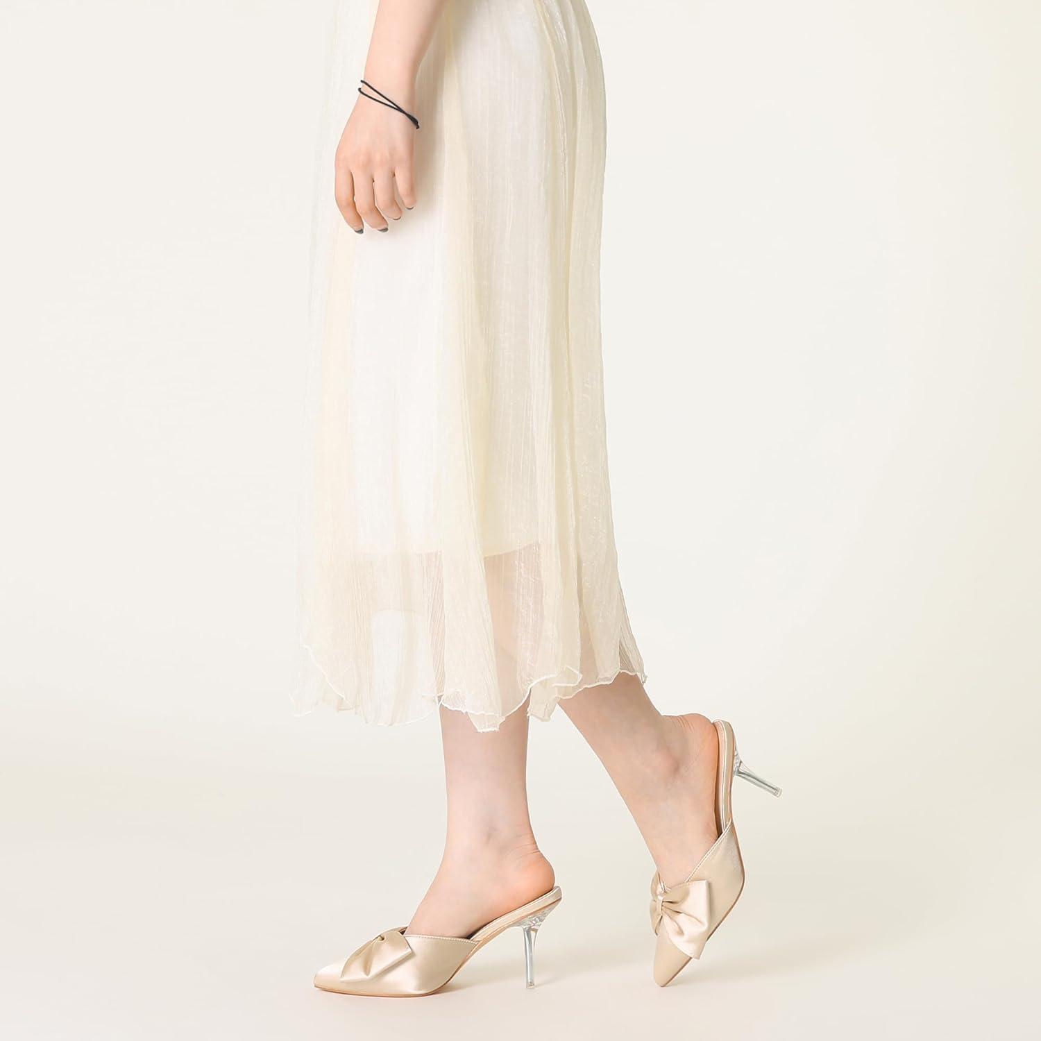 imageAllegra K Womens Bow Heels Satin Pointed Toe Stiletto Heels MulesChampagne