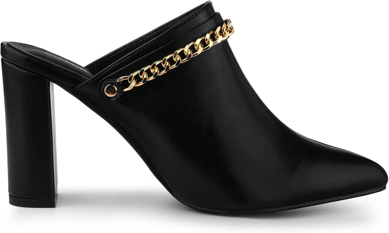 imageAllegra K Womens Chain Mule Slides for Woman Pointed Toe Slip on Block Heel Slide MulesBlack