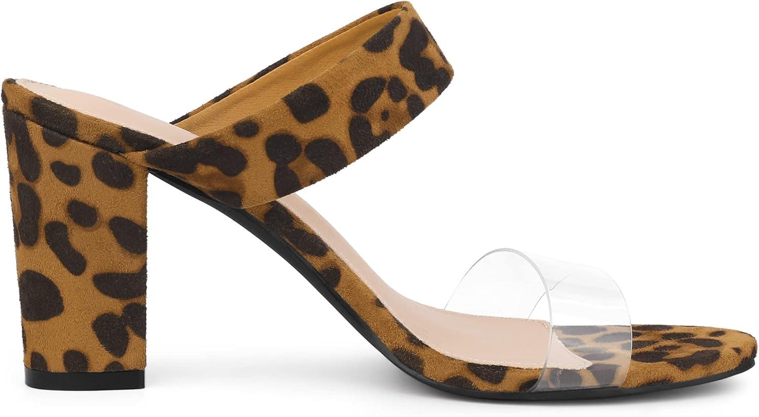 imageAllegra K Womens Dual Clear Strap Block Heels Slides SandalsLeopard