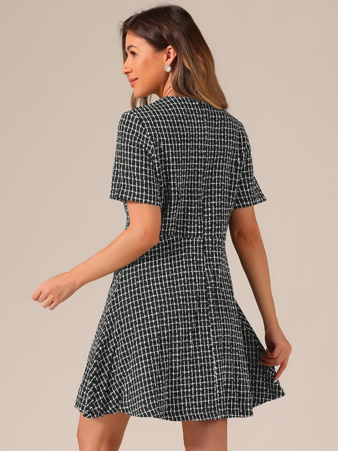 imageAllegra K Womens Elegant Short Sleeve Aline Dresses Plaid Tweed DressBlack and White