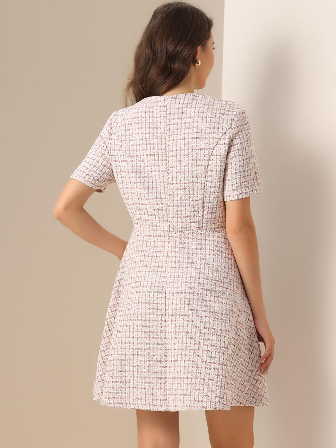 imageAllegra K Womens Elegant Short Sleeve Aline Dresses Plaid Tweed DressPink