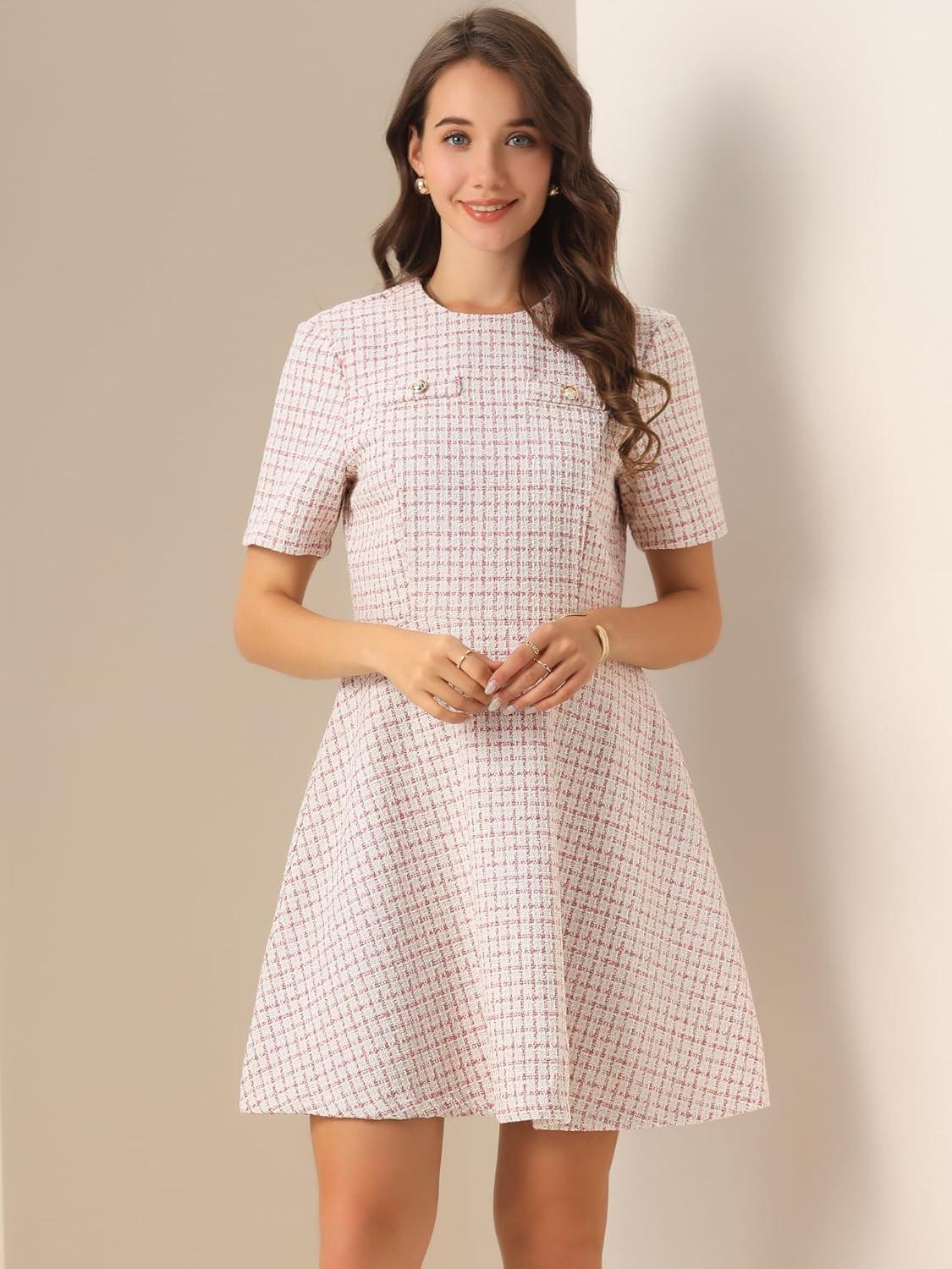 imageAllegra K Womens Elegant Short Sleeve Aline Dresses Plaid Tweed DressPink