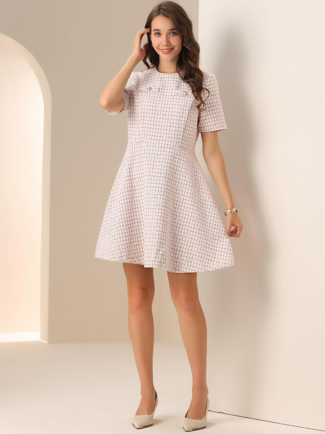 imageAllegra K Womens Elegant Short Sleeve Aline Dresses Plaid Tweed DressPink
