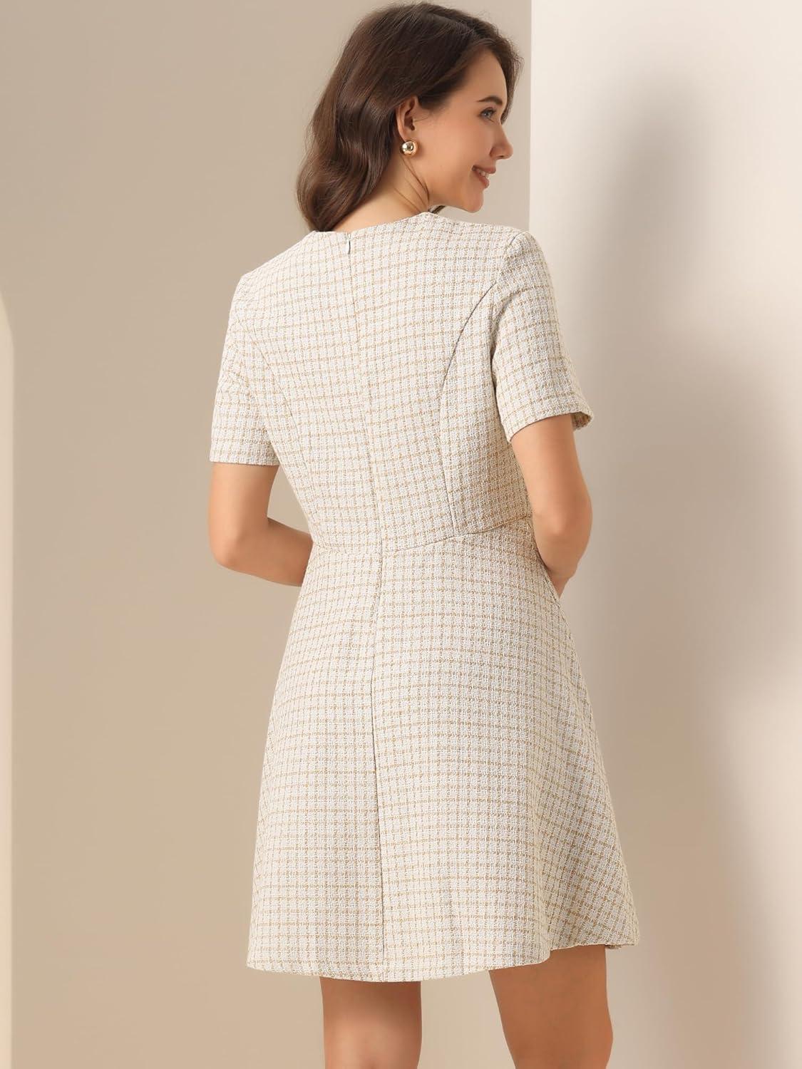 imageAllegra K Womens Elegant Short Sleeve Aline Dresses Plaid Tweed DressYellow