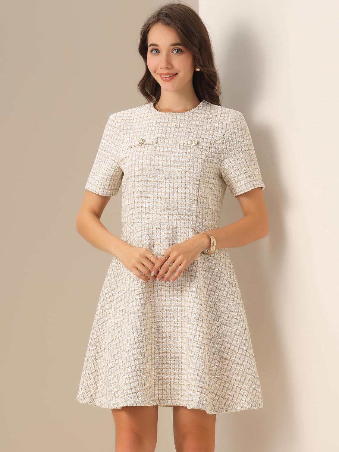 imageAllegra K Womens Elegant Short Sleeve Aline Dresses Plaid Tweed DressYellow