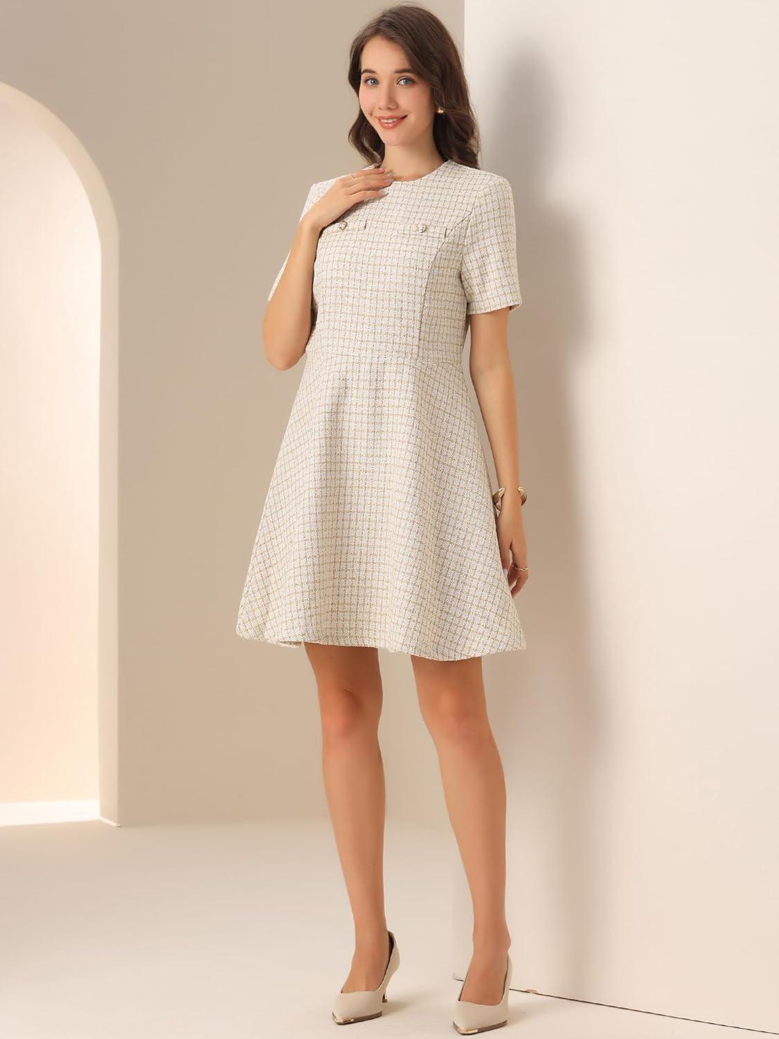 imageAllegra K Womens Elegant Short Sleeve Aline Dresses Plaid Tweed DressYellow