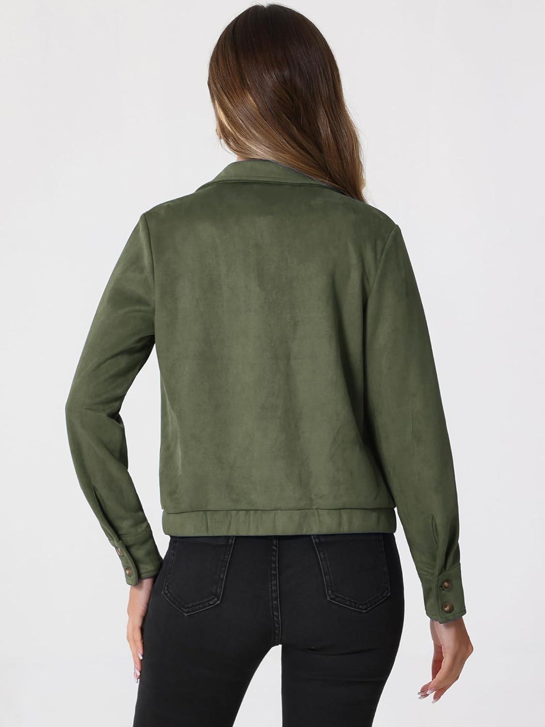 imageAllegra K Womens Faux Suede Jacket Button Down Collar Cropped Biker Motorcycle Jacket Fall Winter CoatArmy Green