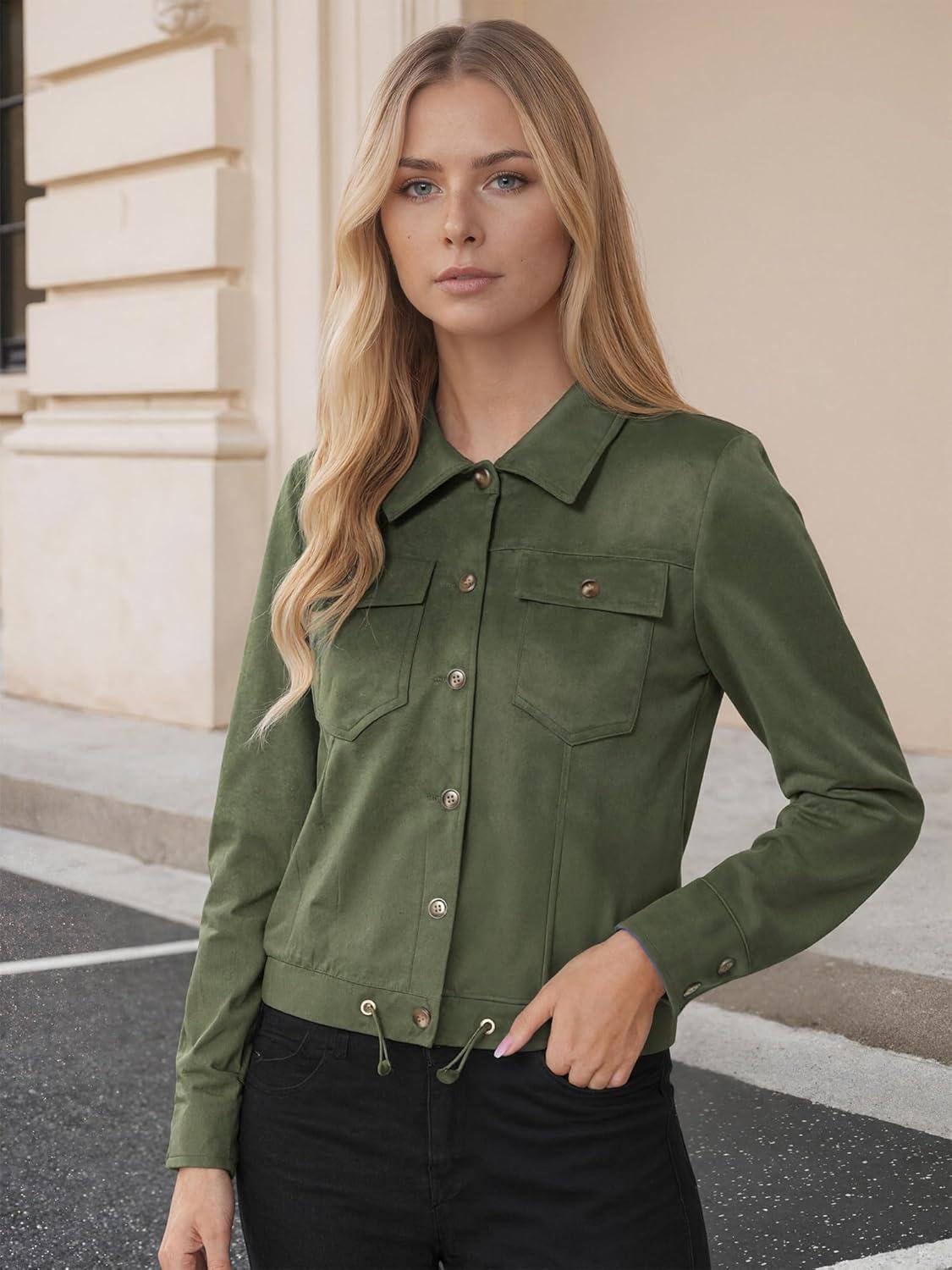 imageAllegra K Womens Faux Suede Jacket Button Down Collar Cropped Biker Motorcycle Jacket Fall Winter CoatArmy Green