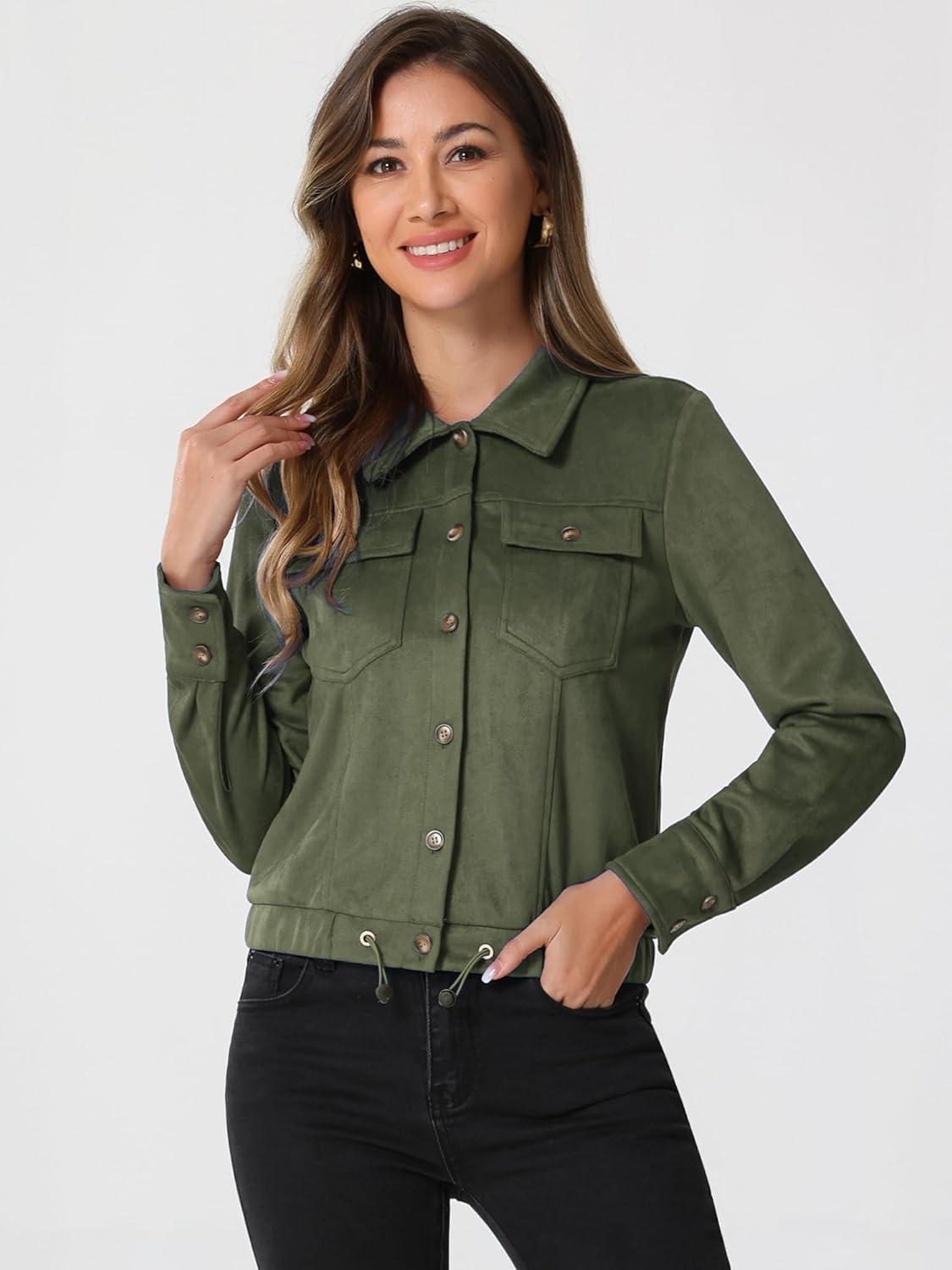 imageAllegra K Womens Faux Suede Jacket Button Down Collar Cropped Biker Motorcycle Jacket Fall Winter CoatArmy Green
