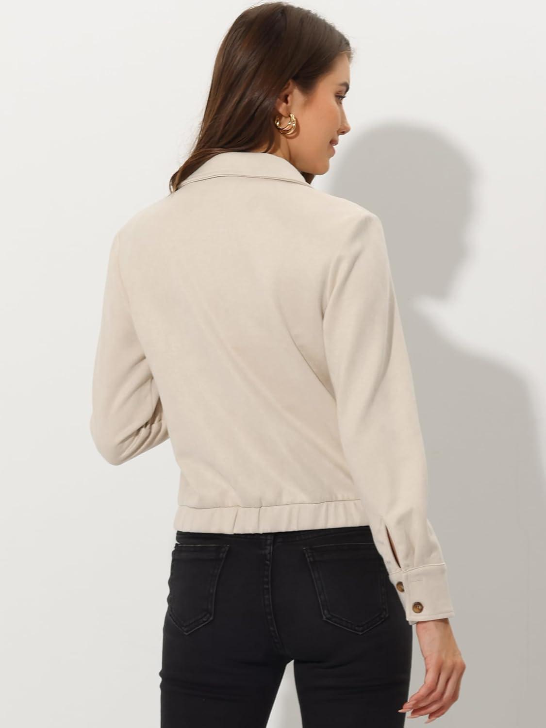 imageAllegra K Womens Faux Suede Jacket Button Down Collar Cropped Biker Motorcycle Jacket Fall Winter CoatBeige