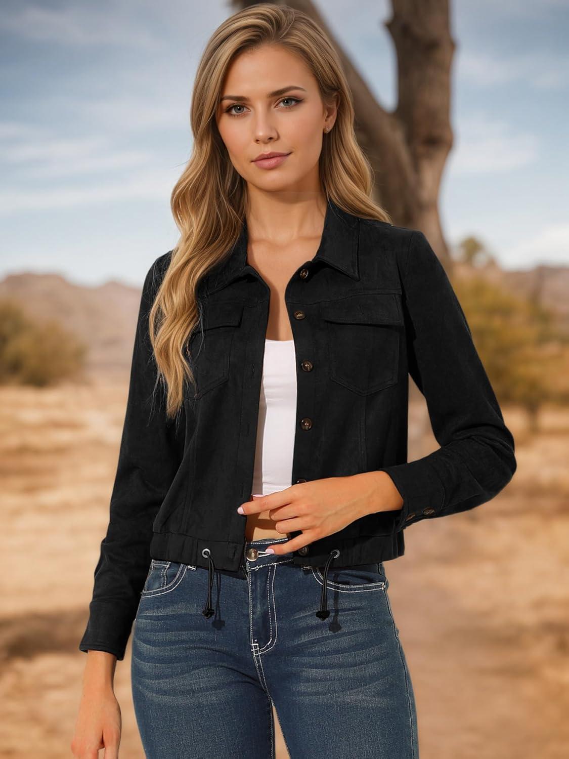 imageAllegra K Womens Faux Suede Jacket Button Down Collar Cropped Biker Motorcycle Jacket Fall Winter CoatBlack