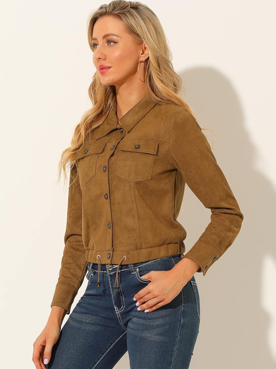 imageAllegra K Womens Faux Suede Jacket Button Down Collar Cropped Biker Motorcycle Jacket Fall Winter CoatBrown