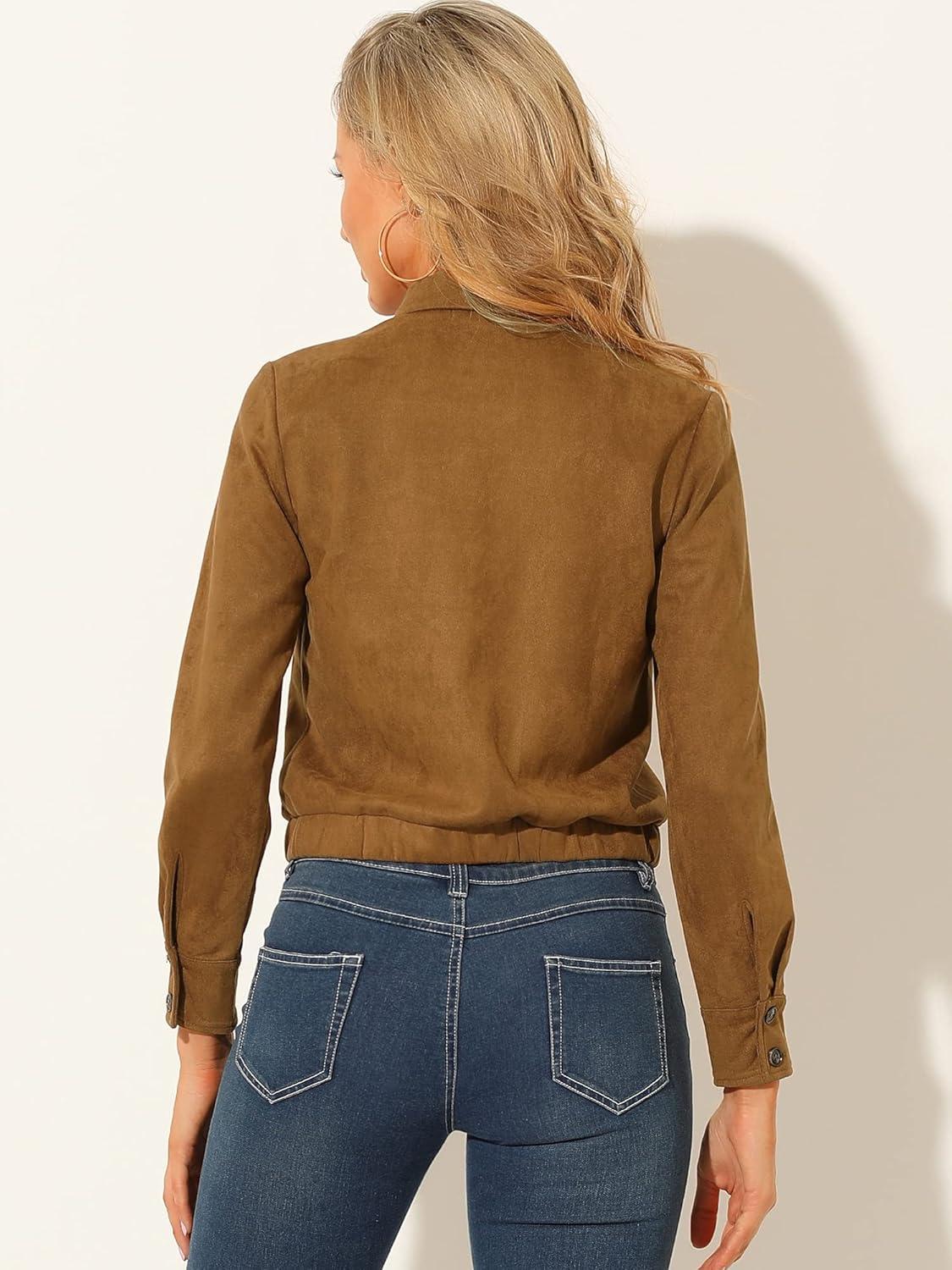 imageAllegra K Womens Faux Suede Jacket Button Down Collar Cropped Biker Motorcycle Jacket Fall Winter CoatBrown