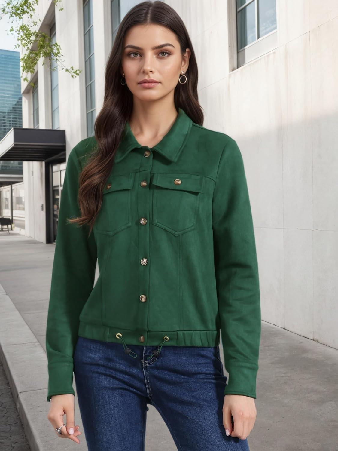 imageAllegra K Womens Faux Suede Jacket Button Down Collar Cropped Biker Motorcycle Jacket Fall Winter CoatGreen