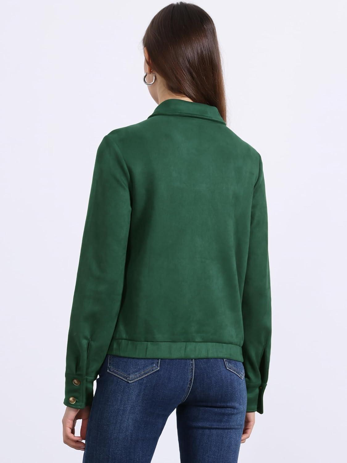 imageAllegra K Womens Faux Suede Jacket Button Down Collar Cropped Biker Motorcycle Jacket Fall Winter CoatGreen