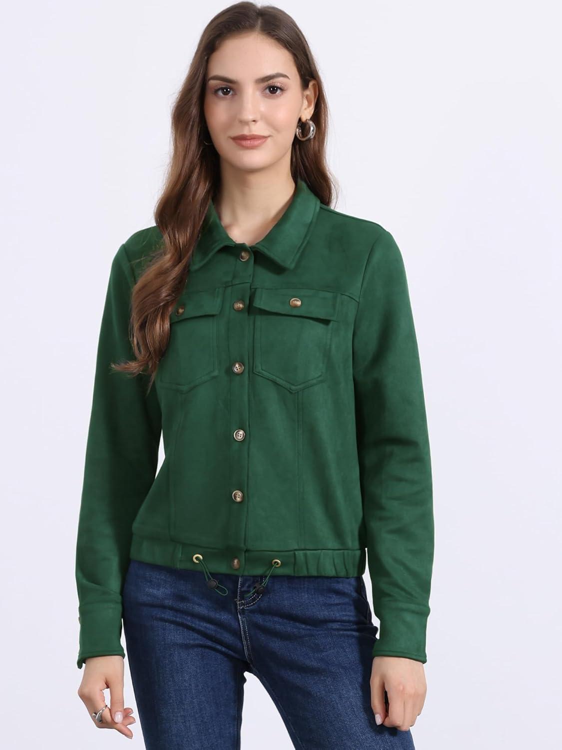 imageAllegra K Womens Faux Suede Jacket Button Down Collar Cropped Biker Motorcycle Jacket Fall Winter CoatGreen