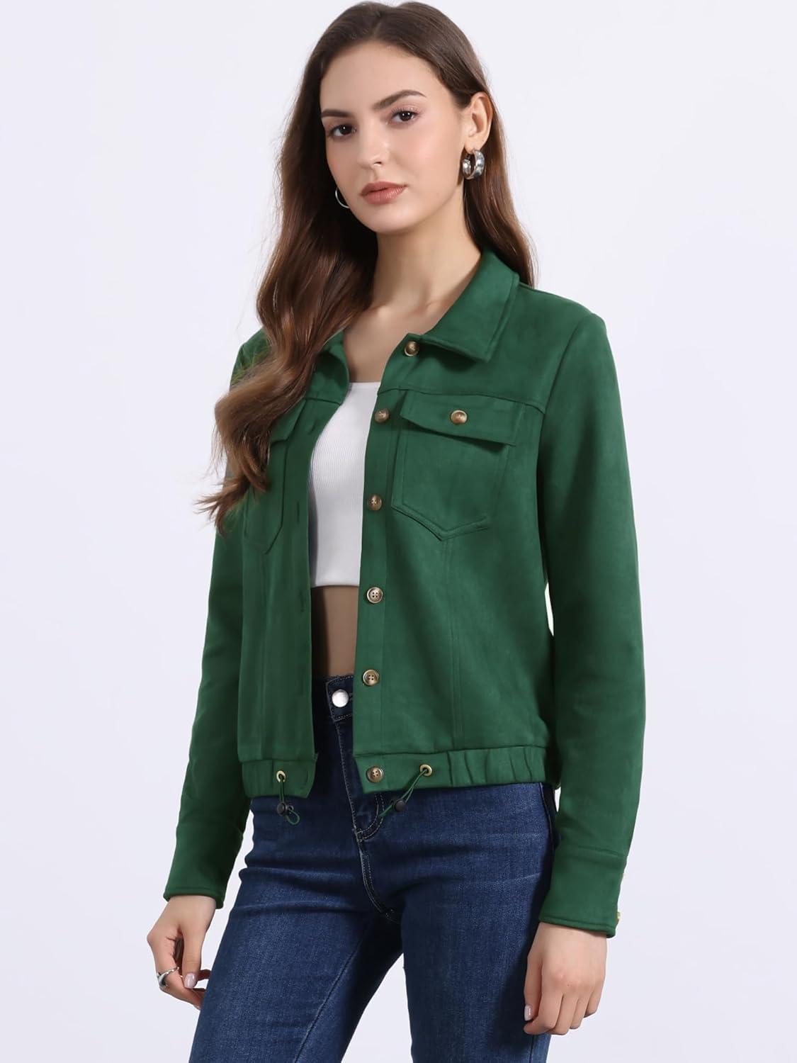 imageAllegra K Womens Faux Suede Jacket Button Down Collar Cropped Biker Motorcycle Jacket Fall Winter CoatGreen