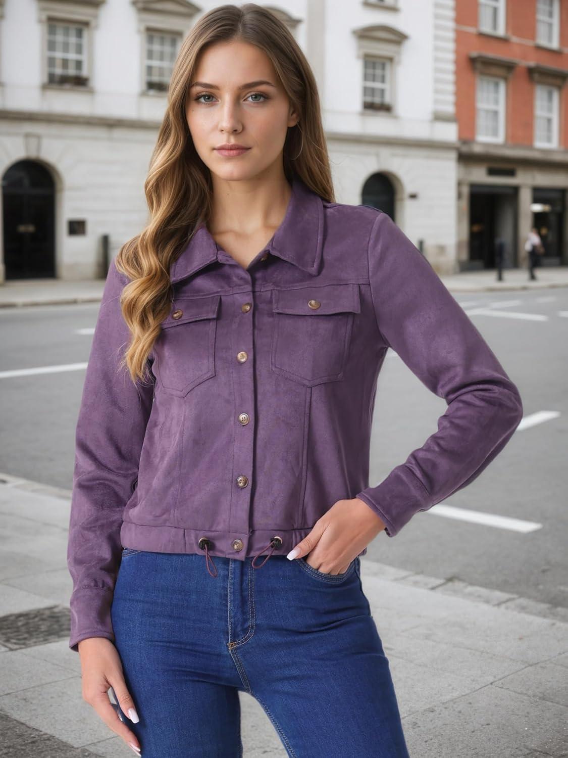 imageAllegra K Womens Faux Suede Jacket Button Down Collar Cropped Biker Motorcycle Jacket Fall Winter CoatPurple