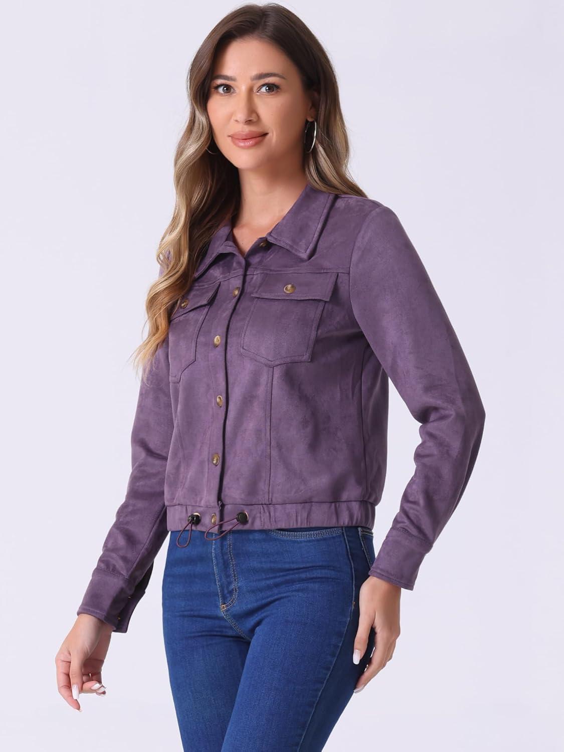 imageAllegra K Womens Faux Suede Jacket Button Down Collar Cropped Biker Motorcycle Jacket Fall Winter CoatPurple