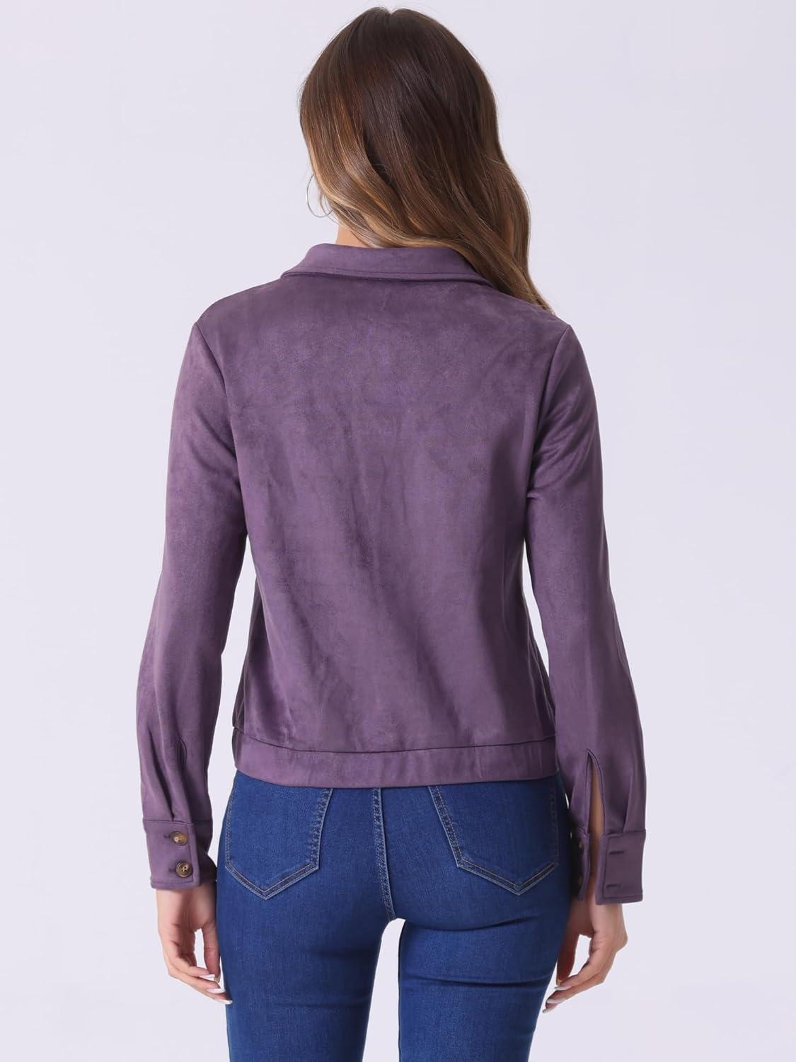 imageAllegra K Womens Faux Suede Jacket Button Down Collar Cropped Biker Motorcycle Jacket Fall Winter CoatPurple