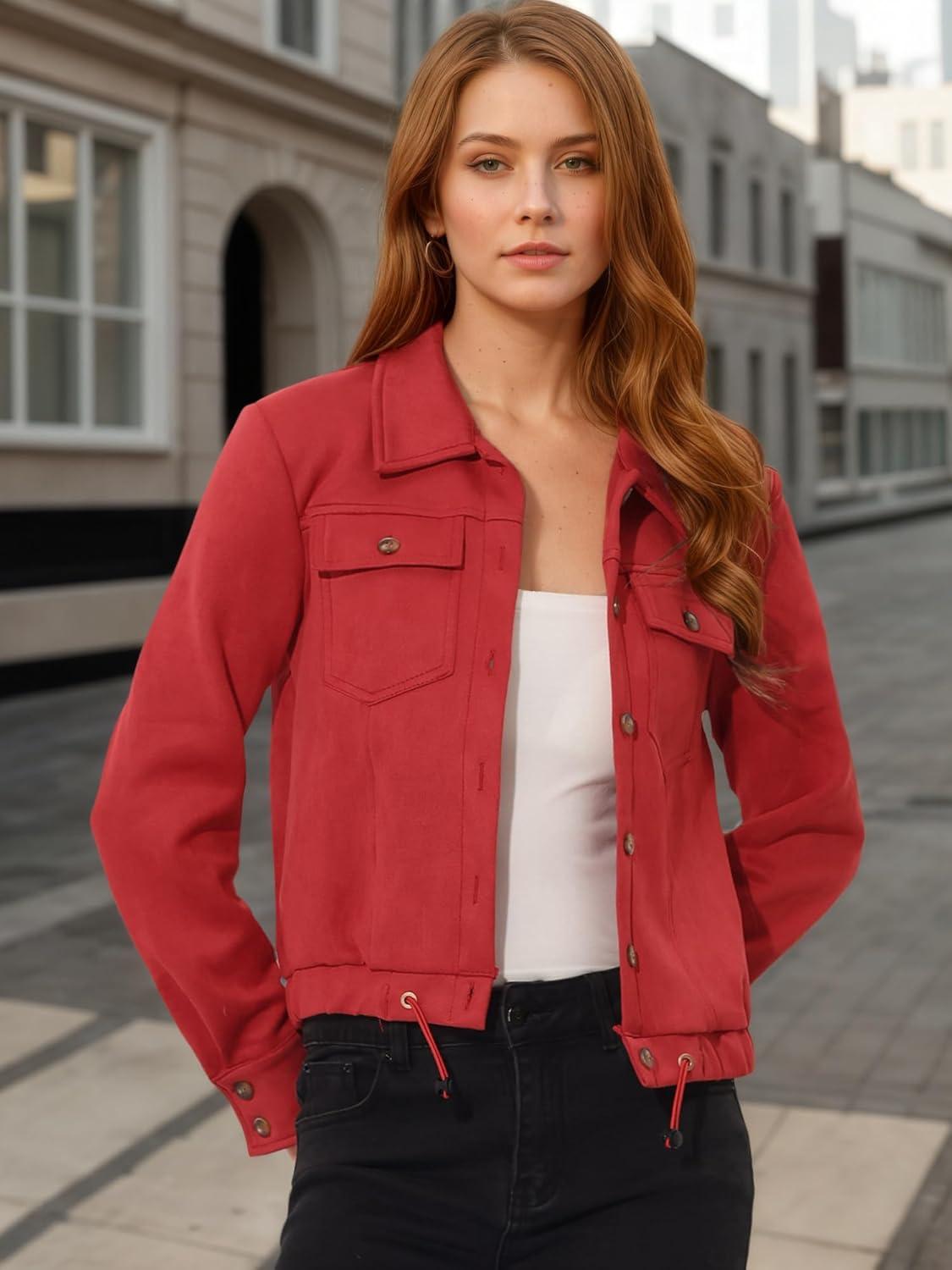 imageAllegra K Womens Faux Suede Jacket Button Down Collar Cropped Biker Motorcycle Jacket Fall Winter CoatRed