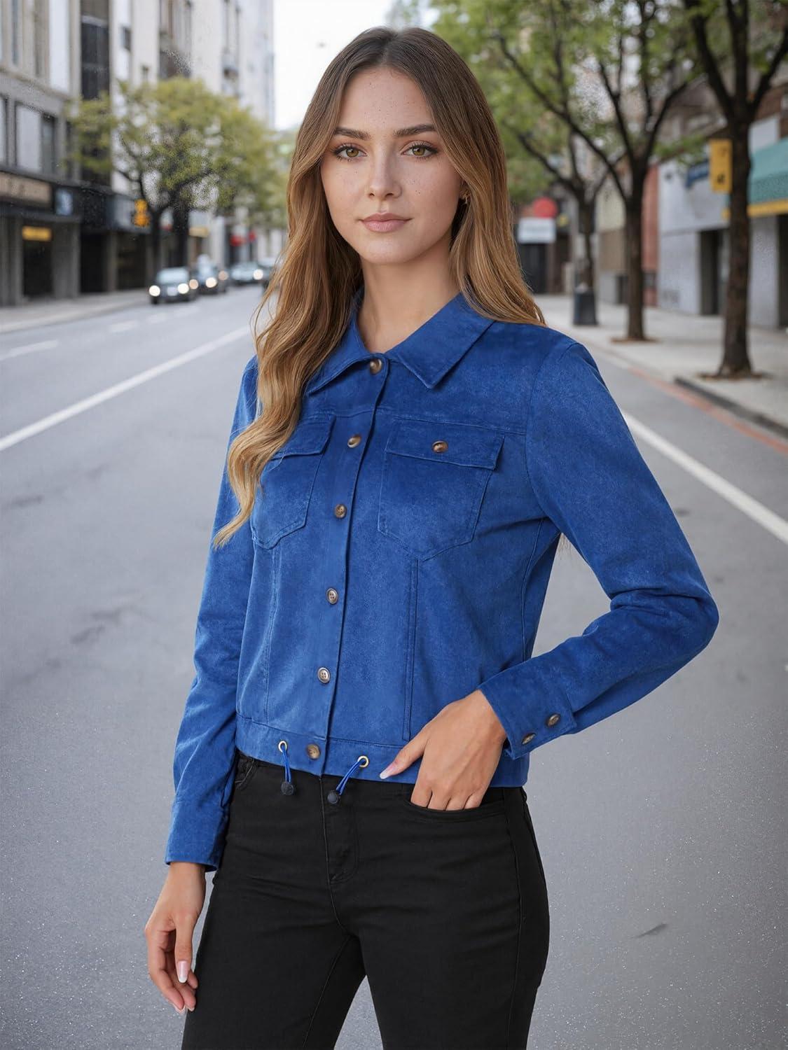 imageAllegra K Womens Faux Suede Jacket Button Down Collar Cropped Biker Motorcycle Jacket Fall Winter CoatRoyal Blue