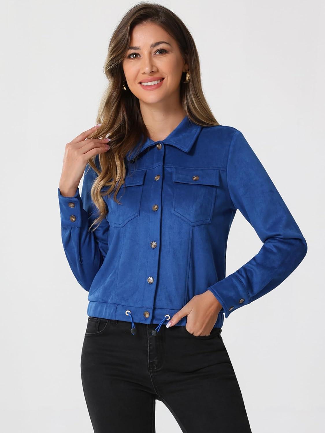 imageAllegra K Womens Faux Suede Jacket Button Down Collar Cropped Biker Motorcycle Jacket Fall Winter CoatRoyal Blue