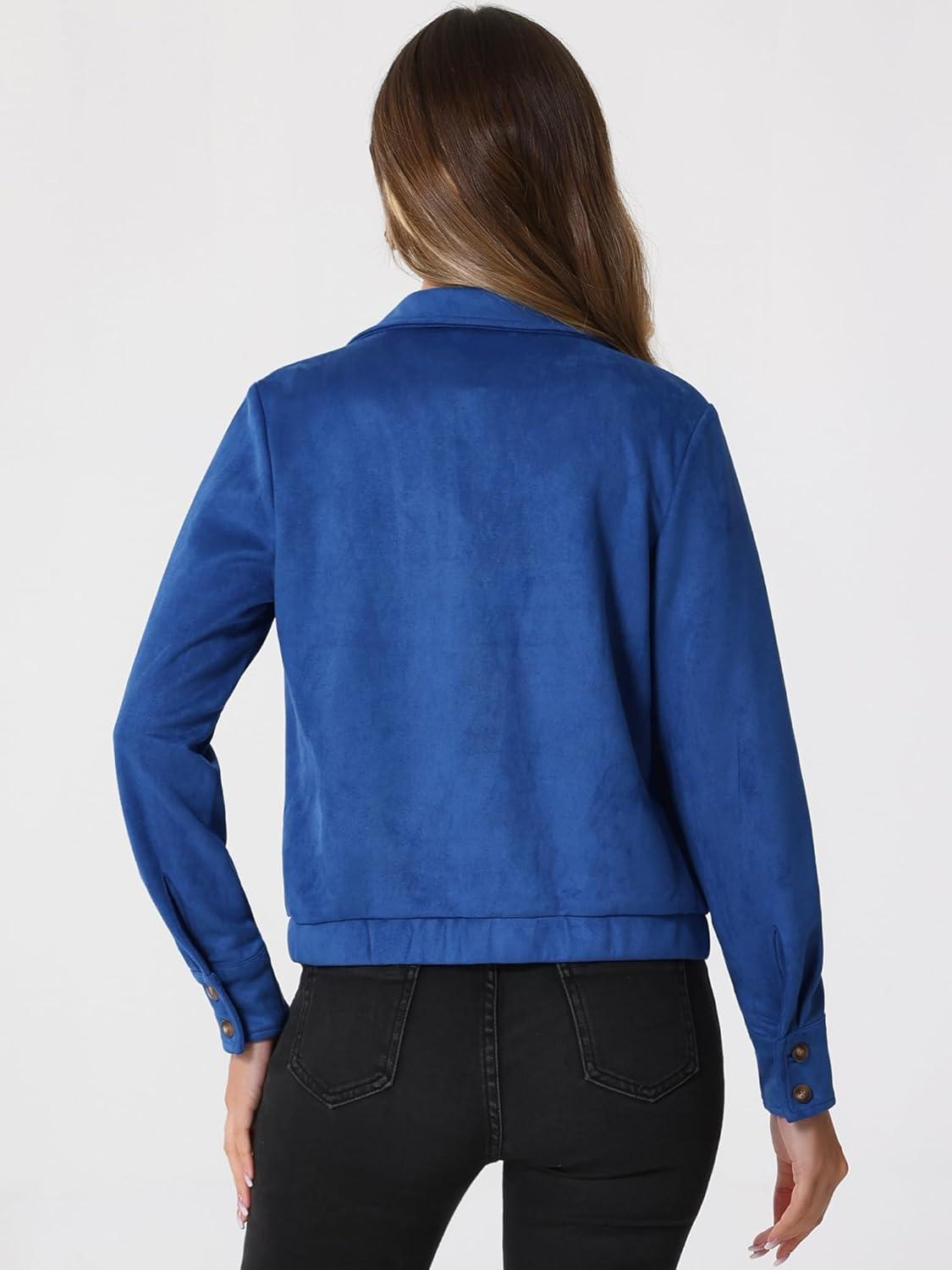 imageAllegra K Womens Faux Suede Jacket Button Down Collar Cropped Biker Motorcycle Jacket Fall Winter CoatRoyal Blue