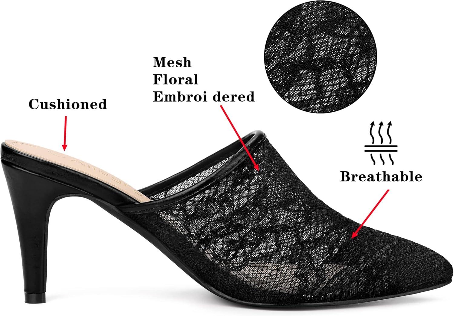 imageAllegra K Womens Lace Heels Sandals Mesh Floral Embroidered Stiletto Heels Slide MulesBlack