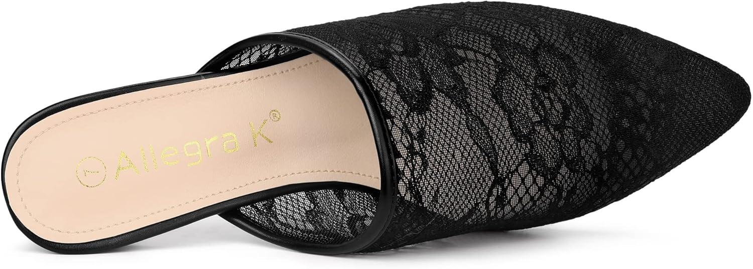 imageAllegra K Womens Lace Heels Sandals Mesh Floral Embroidered Stiletto Heels Slide MulesBlack